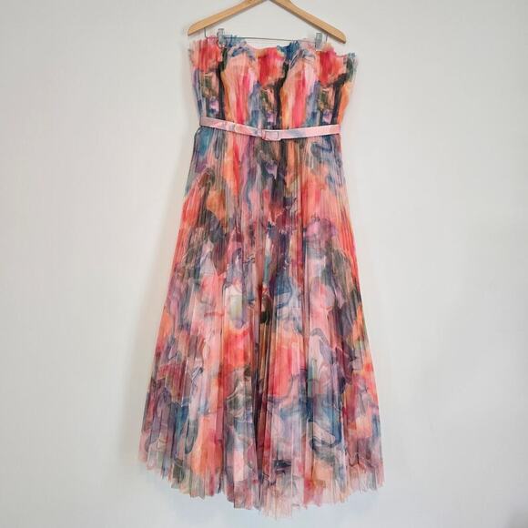 Hutch Coral Multi Swirl Strapless Pleated Fit Flare  Belted Midi Dress Sz 14 - Picture 3 of 12
